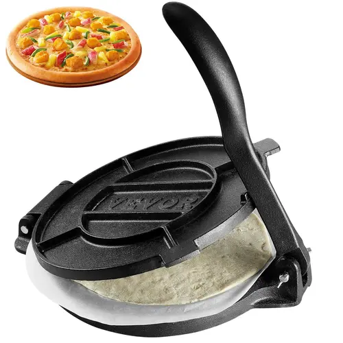 【Fallpicks】VEVOR 10-Inch Pre-Seasoned Cast Iron Heavy-Duty Hand-Pressed Tortilla Press - Easy-to-Clean Kitchen Tool, Cooking Utensils, 100 Sheets Parchment Paper, Natural Stone Tawa for Flour Tortilla/Roti, Bakeries Silver Round Gadget