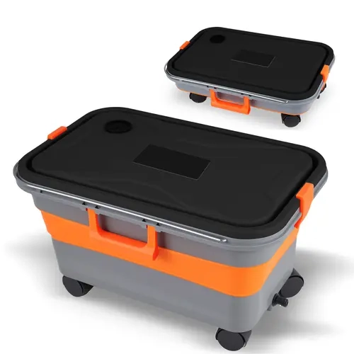 FWTI Foldable Plastic Bucket with Wheels, Drain Plug - Compact, Space-Saving Automotive Car Washing Detailing Tool, Multiple Tasks Portable for Outdoor Camping, Household Mop Cleaning