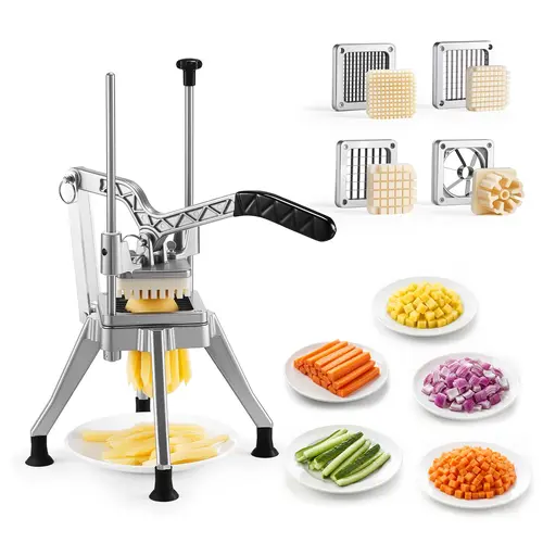 【Fallpicks】VEVOR French Fry Cutter, Commercial Vegetable Chopper with 4 Blades (1/2", 3/8", 1/4" & 6-Wedge with Corer), Lever Stainless Steel Potato Slicer for Home Thick, Regular & Thin Fries Cut, Onion, Fruit