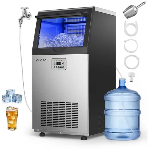 VEVOR Commercial Stainless Steel Ice Maker Machine, 120lbs/day Output, 30lb Storage, 22mm Thick Build, Built-in/Freestanding/Under-Counter Placement, Dual Water Inlet, LED Display, Self-Cleaning, Outstanding Insulation, for Home Bar, Restaurants