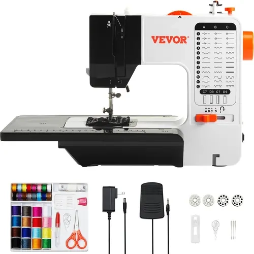 VEVOR Portable Miniature Sewing Machine for Beginners, 38 Built-in Stitches, Reverse Sewing, Dual Speed, Built-in Ruler Extension Table, Foot Pedal, Easy to Thread Accessory Kit with Thimble & Bobbins, for Travel & Crafts