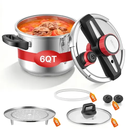 【Fallpicks】VEVOR Stovetop Stainless Steel Pressure Cooker & Canner - 6.3Qt Multi-Use Cookware, Energy Saver with Steam Rack, Tempered Glass Lid (Lets You Watch Cooking), 3 Pressure Settings (Up to 100 kPa), Manual Release for Control, for Meat, Beans