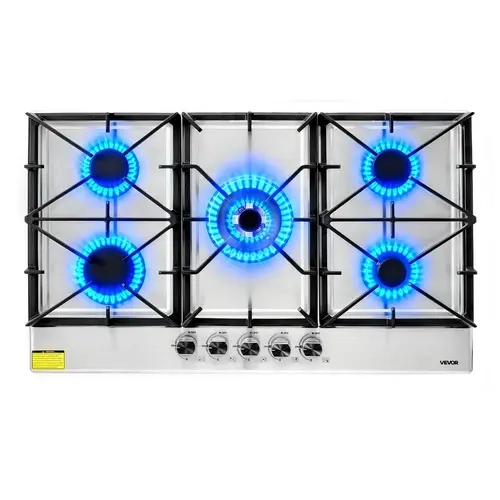 【Fallpicks】VEVOR 36-in Built-In Rectangular Gas Cooktop, 5-Burner Dual Fuel Stove Top with SABAF Dual-Ring Burner, Max 38300BTU, Even Heating, Flame Stopper, LPG/NG Convertible Stainless Steel for Apartment, Built-In Look
