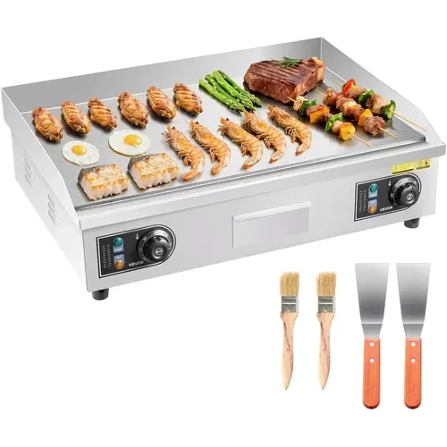 【Fallpicks】VEVOR Commercial Electric Griddle, 25.79 x 15.75 inch, 2800W, 122-570°F Adjustable Temp Control, Stainless Steel Body, Full Flat, with 2 Spatulas, 2 Brushes, and 4 Foot Pads, for Steak, Pancake