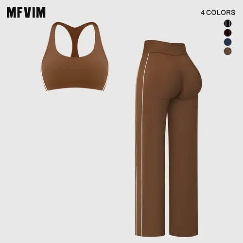 MFVIM Women's Slim-Fit 2-Piece Active Wear Set - Push-Up Sports Bra & High-Waisted Striped Track Pants, Athletic Workout Clothing for Yoga, Fitness, Workout Running Outfits