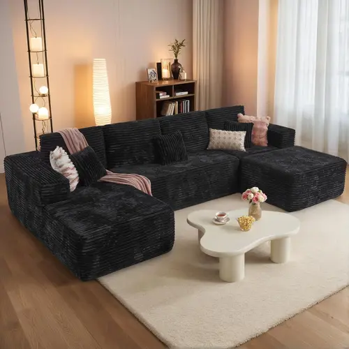 【Summer Vibes】MODMOOD 133" Oversized Modular Cloud Sectional Sofa Set with Ottoman - L/U-Shaped Boneless Sectional Couch, High-Density Foam Plush Corduroy Deep Seat Sofa Bed, No Assembly Required Apartment Sofas Living Room Furniture