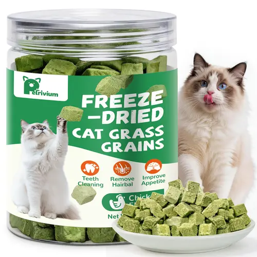 Petrivium Freeze-Dried Cat Grass Treats - 1 Pack 60g Frozen Chicken Breast Flavor Chews, Probiotic Boost for Indoor Cats, Dental Cleaning, Hairball Control, Digestive Support, Training Aids for Picky Eater Win