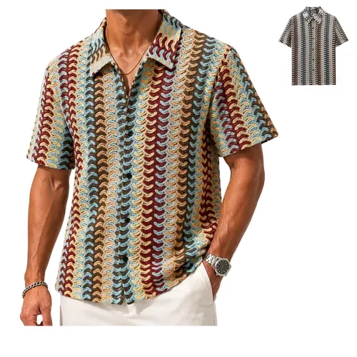 Gihuo Men's Baggy Short-Sleeve Breathable Hollow-Out Crochet Knit Shirt - Vintage Retro Lace-Up Casual Streetwear Top for Day Outings, Shortsleeve Menswear Basic