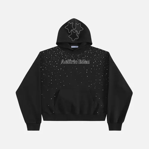 Aelfric Eden Boxy Rhinestone Star Pullover Hoodie Oversized Boxy Fit All over Sequin Base Hollow Star Hood Detail Y2K Edgy Streetwear Unisex Top
