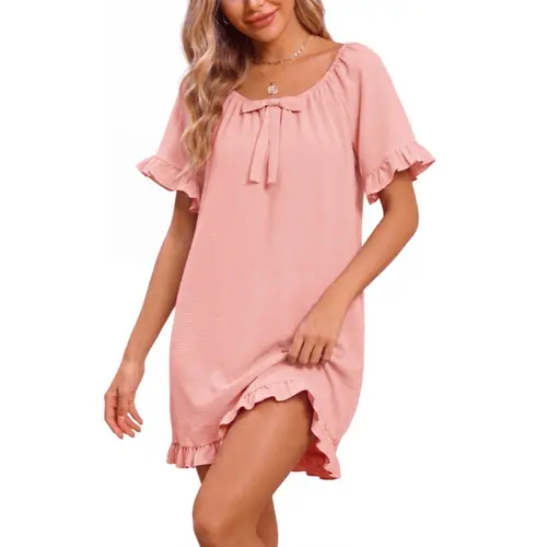 Women's Polyester Fabric Night Gown - Casual, Lightweight, Cute Knee-Length, Chic Nightdress with Ruffle Sleeves, Bow Collar, Loose Fit for Summer Lounging, Everyday Elegance (Ideal for Women, Daughter)
