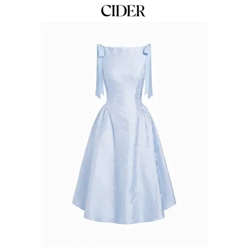 Cider Jacquard Sculptural Boat Neck Bowknot Backless Flared Maxi Dress