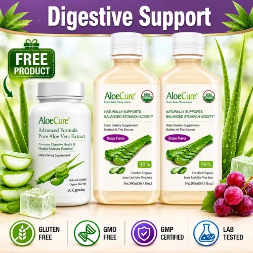AloeCure Natural Organic Daily Health Bundle - Gluten Free, Dairy Free Digestive Supplement Pack: Grape Flavor Liquid Aloe Drink (2 Btl), Aloe Vera Capsules (30 Caps) with Happy Gut Support (Gut Health Tips Included)
