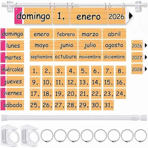 Spanish Classroom Flip Calendar Back to School Reusable Classroom Calendar Calendario Espanol First Day of School Bulletin Board White Board Classroom Decor Teacher Hack Organization Kit Include Rod and 54 Date Cards for Preschool kindergarten Primary
