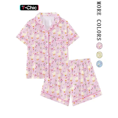 Adorable Goose with Bow Knot Animal Print Pyjamas Set, Pajama Set, Short Sleeve Loose-Fitting Sleepwear, Home Leisure Wear, Comfortable Loungewear for Home and Travel, Perfect Gift, Pj Set
