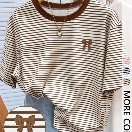 Women's Striped Digital Print T-Shirt, Butterfly Knot Round Neck, Casual Loose-Fitting Top, Daily Wear, Summer, Plain Surface, Unlined, Streetwear