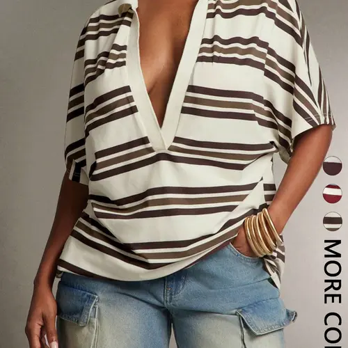 Deep V Collar Striped Knit Polo Shirt, Loose-Fit Short Sleeve Casual Top, European and American Style T-Shirt, Comfortable and Stylish