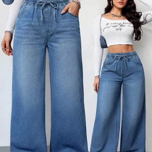 Women's Casual Elastic Waist Jeans With Pockets , Baggy Loose Fit Wide Leg Pants, Versatile Basic Denim, Comfortable and Stylish, Perfect for Everyday Wear