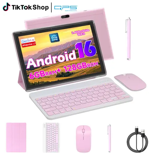 PEICHENG 2026 New Android 16 Tablet (Cool Gadgets for Adults), 10.1 in Screen, 20G(6+14) Expandable RAM, 128GB Storage, 2.2GHz Octa-Core CPU, Type C, 10H Long Play, Wireless Bluetooth, Bundle with Keyboard Mouse Case Stylus, Ideal for Work