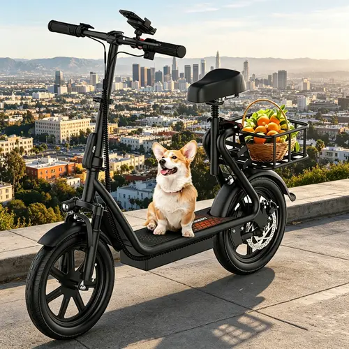 Foldable Commuter Electric Scooter for Adults with Seat and Basket, 750W Motor, 22 MPH, 28 mi Max Range, 14-in Pneumatic Tires, Dual Shock Absorbers