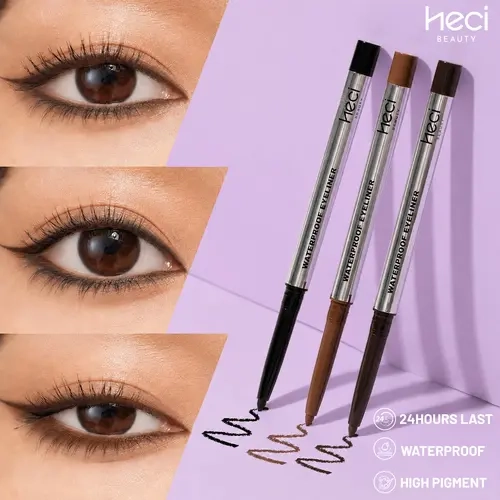 HECI BEAUTY Waterproof Gel Eyeliner Cosmetic 3-Pack - 24HR Long-Lasting Twist-Up Pencil, No Sharpening Needed, Smooth Creamy Matte, Smudge-Proof Wear, Black & Medium Brown Shades
