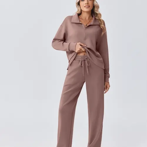Pinspark Women's 2-Piece Loose-Fit Sports Tracksuit - 1/2 Zip Sweatshirt, Straight Leg Pants - 2026 Fall Matching Outfit - Curvy Confidence Back to School Set