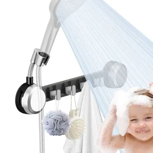 [SUPAFA] Dual-Use Shower Head Bracket Bathroom Essentials for Shower, Kitchen, Wood/Glass Door, Mirror, Tile – 2-in-1 Mount & Hook for Shower Head, Towel, Loofah | 25 Lbs Hold, Waterproof Double Suction Cups