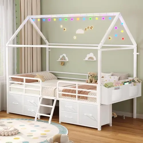 Sikaic Twin House Bed with RGB Globe String Lights, 6 Storage Drawers, Safety Guardrails and Ladder, Kids Bed Frame for Bedroom, Home Furniture Christmas Gifts [TiktokShopFallDealsForYou]