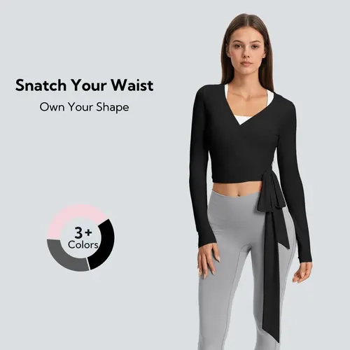 FireSwan Women's Long Sleeve Modal Blend Wrap Crop Top - Ruched Waist, Bodycon Fit, Aesthetic Gym Apparel, Elastic Breathable Sportswear, Casual Fitness Breathable Women's Clothes, Fitness Training Wear for Gym, Pilates