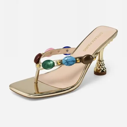 Dream Pairs Women's Jeweled Thong Heel Sandals - Square Toe, Low Heel, Slip-On Footwear, 4mm Padded Insole, Colorful Jeweled Gem Detail, Comfortable Embellished Pumps, Slide-On Saves Time at Resorts, Shoes for Women, Summer Beach Use