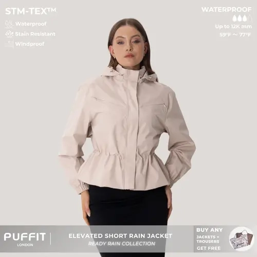 PUFFIT STM-TEX Elevated Short Detachable-hood Rain Jacket With Drawstring Waist,Breathable Eyelets & Multi-Pocket Design,Waterproof,Stain-Resistant,Windproof,Outerwear,Outdoor,Sport,Dog Walking,Windbreaker,Womenswear,Fall & Winter Jacket,2026 Shopping
