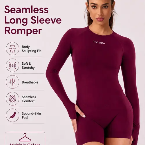 Tayoea Seamless Breathable Compression Long Sleeve Thumbhole Backless Romper, Activewear Jumpsuit, Ideal for Running Yoga Fitness Cycling, Outdoor Indoor Daily Wear