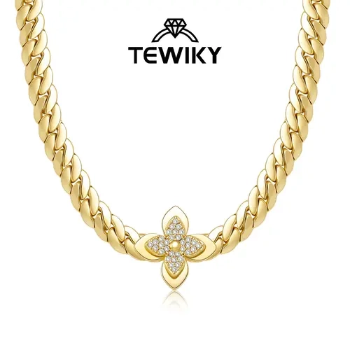 TEWIKY 14K Gold Plated Golden Cuban Zircon Four-Leaf Clover Pendant Necklace, Cuban Chain, Women's Jewelry Gift, Travel Jewelry Accessories Back To School