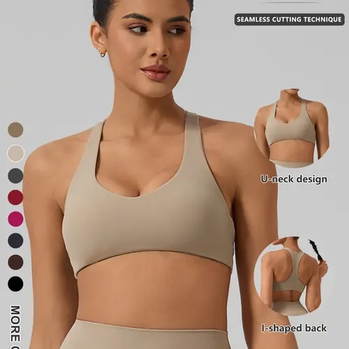 Women's Detachable Padded Workout Sports Bra, Exercise Bra, Wireless Sporty Design, Breathable Soft Fabric, U-Neck Low Cut, Ideal for Running Yoga Fitness, Wireless Sports Bras