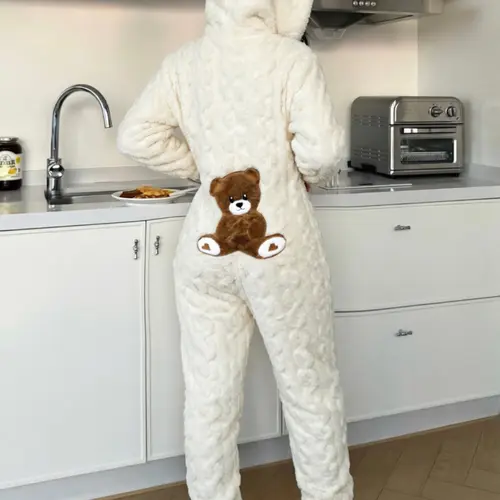 Women's Cute Teddy Bear Embroidered Hooded Plush Jumpsuit, Comfortable Fashion Design, Perfect Gift for Her, Casual Fall & Winter Wear
