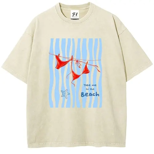 Take Me To The Beach Bikini Graphic Oversized T-Shirt, Vintage Washed Summer Coastal Aesthetic Tee, Unisex Streetwear Casual Top