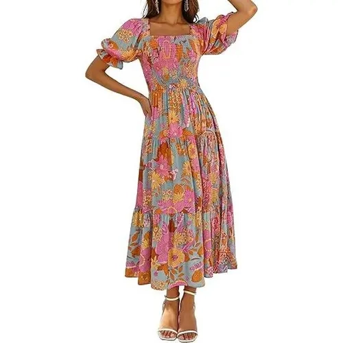 ZESICA Womens 2026 Summer Boho Floral Ruffle Maxi Dress Square Neck Dress, Swing A Line Dress, Puff Short Sleeve, Ruched Long Dresses, Flowy Pleated Dress, Beach Vacation Dresses