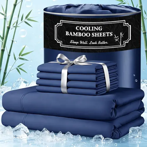 Jollyvogue Extra Deep Pocket Bamboo Sheets - 6 Pcs Breathable & Cooling Bed Sheet Set, Hotel Luxury Fitted Soft Wrinkle-Free For Mattresses, Room Decor, Twin/Full/Queen/King Size Pillowcase Sets