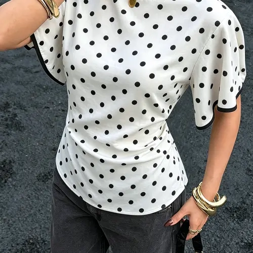 Polka Dot Ruffle Top, Millennial Sweet Back Tie Aesthetic Shirt, Vintage Women's Short Sleeve Ruffled Blouse, Elegant Casual Commute Top, Slim Fit Street Style, Blouses Shirts Tops