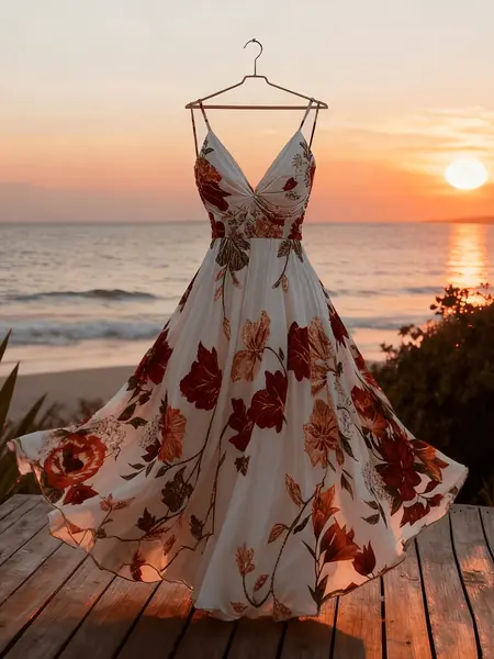 Women's Summer Floral Print Beach Vacation Dress, Sexy Elegant Waist Cinch Backless Midi Sundress, Casual Strapless Long Sleeve Top