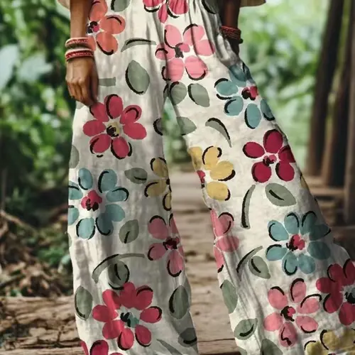 Women's Casual Bohemian Style Floral Print Wide-Leg Pants, Comfortable & Breathable Elastic Fabric, Ideal for Vacation, Home and Daily Wear, Suitable for Spring, Summer and Fall