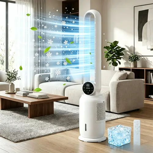SPZTJK New Bladeless Water-Cooled Fan - Plastic Body, Energy Efficient, Silent, Air Purifying, 3 Speeds, 12H Timer, Water Tank, Filter, Ice Crystal Box, Touch & Remote Control, Night Light, Standard Plug (Living Room, Home Office Use)