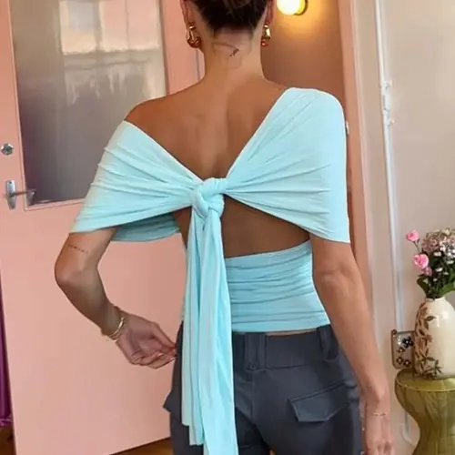Women's Solid Color V Neck Cut Out Tie-back T-shirt Top, Bodycon Fitted Top, Sexy Backless Lace-up Sleeveless Plain Slim Fit Ruched Blouse Crop Top, Party Club Date Daily Casual For Ladies Summer