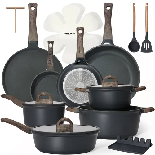 USELUCK 22-Piece Non-Stick Ceramic Cooking Pot Set - Granite Look, Non-Toxic PFOA/PFOS-Free Cream White Kitchen Supplies, Induction-Safe Stovetop Cookware with Glass Lid View, Includes Crepe Frying Pan