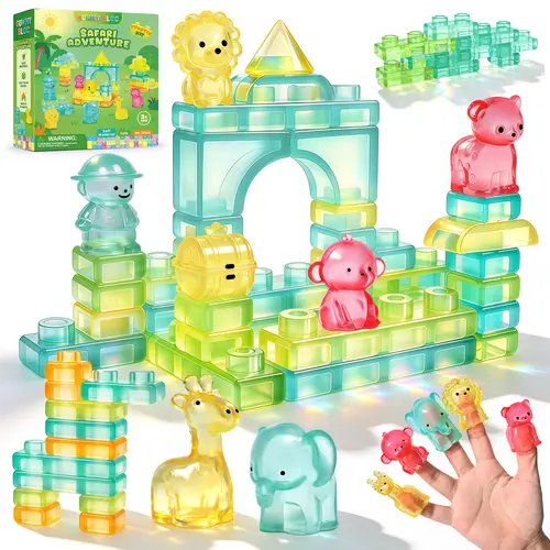 JoySpot Gummy Bloc Jungle Expedition Sensory Soft Building Blocks for Toddlers, 52 PCS Montessori Squishy Stacking Toy Set, Jungle Animal Theme Squeeze Blocks , Non-Toxic STEM Preschool Gift for Boys Girls Age 3+ tiktokshopbacktoschool Building
