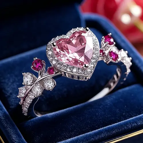 Women's Elegant Heart-Shaped Synthetic Zirconia Wedding Promise Ring - Pink 4th Birthstone Costume Jewelry, Basketball Fan Accessory, Valentine Gift for Female, April Rings for Women