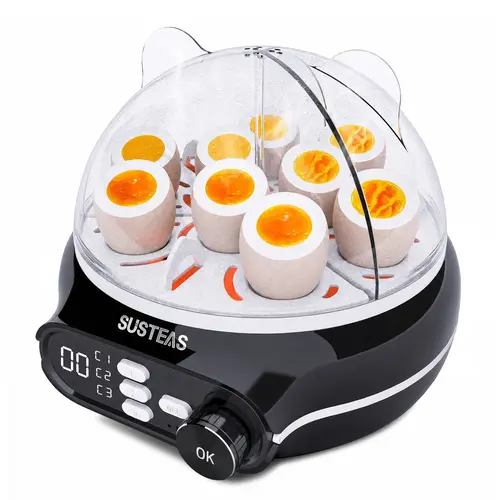 SUSTEAS Rapid Egg Cooker 9 Eggs, Soft, Medium, Hard Boiled, Poached 3-Zone Separate Cooking, Electric Egg Poacher, Kitchen Egg Steamer, Auto Shut-Off, Smart Voice Prompts, Timer Function, Black