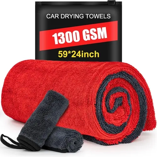 THINKLEARN 3-Pack Extra-Large 1300g (0.99 kg) Microfiber Cleaning Towels - Paint-Safe Twist-Loop Cloths, Scratch-Free for Trucks, SUVs, Red, Wash & Tumble Dry, Car Detailing Products