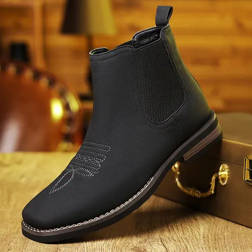 CYUW men’s western cowboy boots — square-toe Chelsea ankle boots, work boots, casual, vintage, fashionable, classic, comfortable, versatile; available in khaki and black; outdoor casual closed-toe style