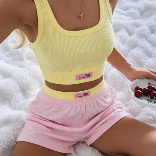 Women's Casual Ribbed Knit Top and Shorts Pajama Set, Colorblock Design, Stretchy Comfortable Home Wear, Ideal for Daily Use, Loungewear Set