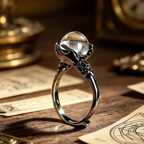 Women's Whimsical Gothic Stainless Steel Statement Ring - Adjustable Open Band with Hand-Embracing Guardian Crystal, Dark Style Witchy Rings for Adults, Motherhood Gift Idea